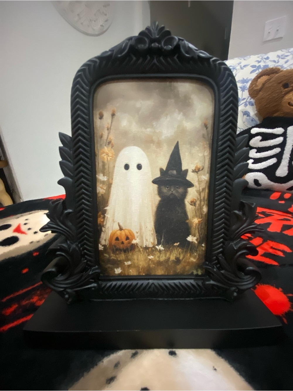 Halloween Ghost & Black Cat Framed Art - Black Frame